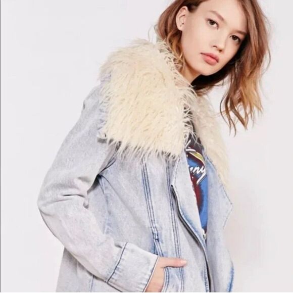 Somedays Lovin Acid Wash Faux Fur Patchwork Asymmetric Zip Closure & Pockets S - Picture 1 of 12